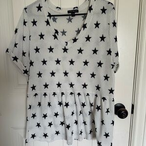 Lane Bryant Waffle Knit Short Sleeve Roll Cuff Peplum Top Stars Americana